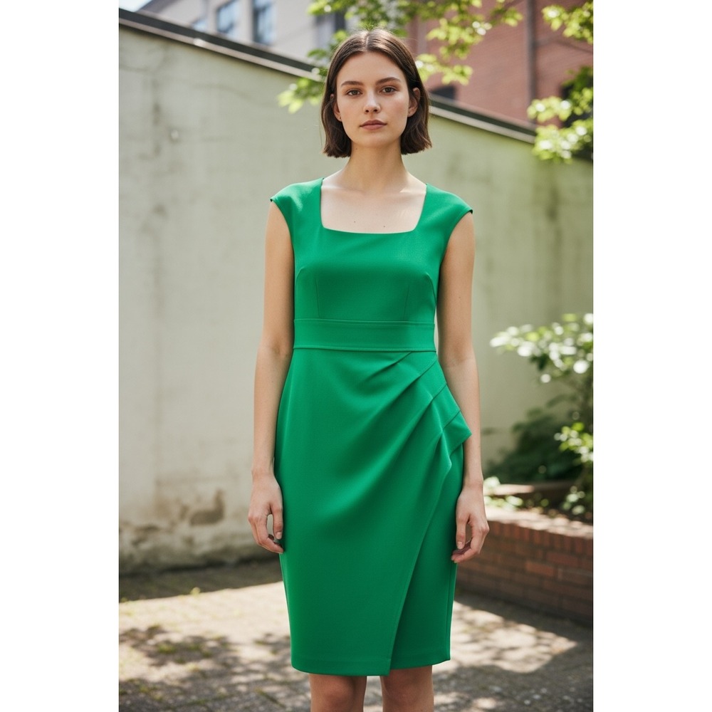 Calvin‎ Klein Emerald Green Sheath Dress scuba pleated ruffle cocktail Size 12